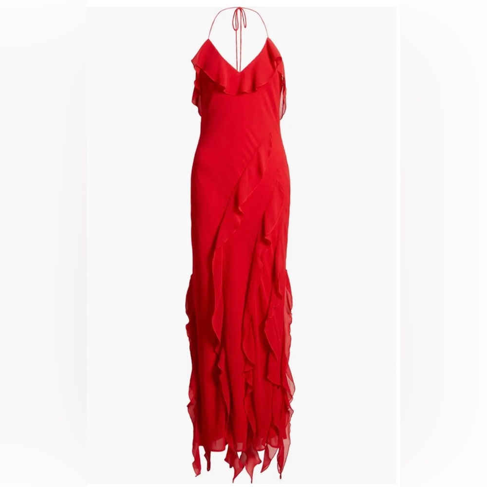 WAYF Red Ruffle Dress Size Small | The Alice Halter Neck Ruffle Gown
